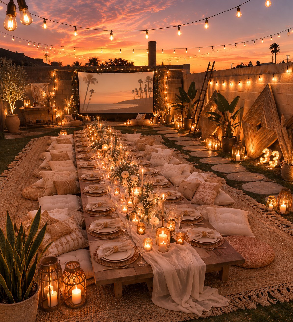 Luxury boho picnic tablescape at sunset